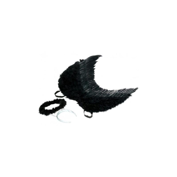Ailes d'ange plumes noires avec auréole noire adulte 53 x 60 cm Taille:Unique - Photo n°1