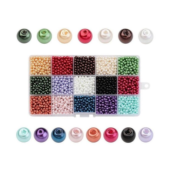 1 Boite Perles En Verre Nacré 4mm à 15 Compartiments 3600 Perles(240 Perles De Chaque Couleur) - Photo n°1