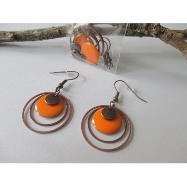 Kit boucles d'oreille anneaux cuivre et sequin émail orange - Photo n°1