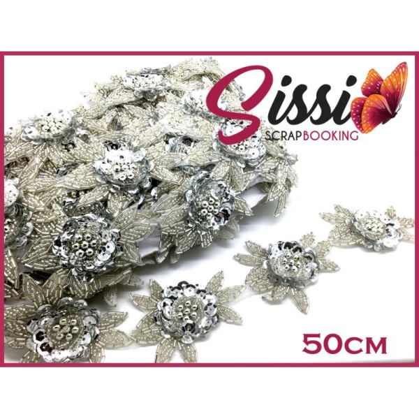 Lot 50/60 cm magnifique ruban sequin perles fleurs argentés monté sur tulle - Photo n°1