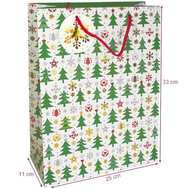 Sachet cadeau cartonné motif Sapins de Noël, 33 x 25 x 11 cm, emballage cadeau de Noël - Photo n°1