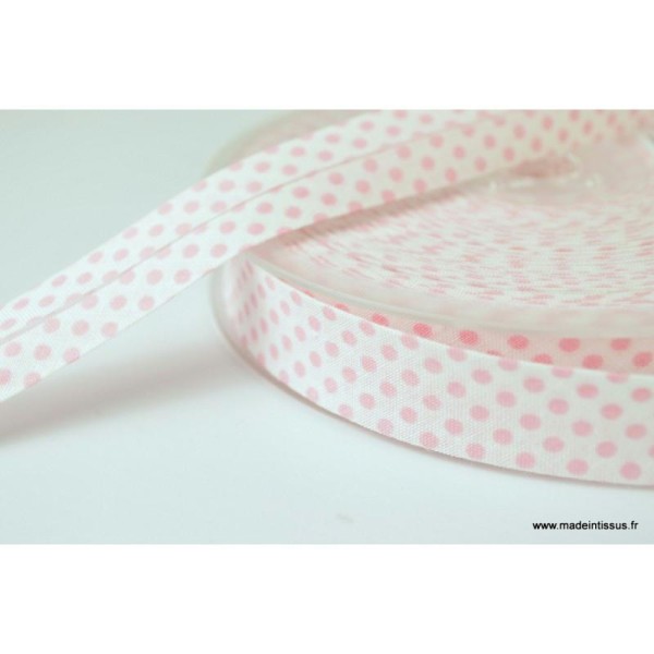 Biais replié 18 mm coton pois rose sur fond blanc - Photo n°1