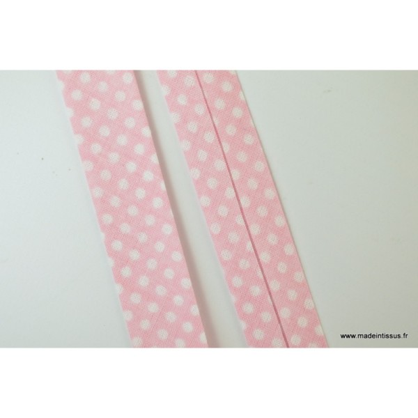Biais replié 18 mm coton pois blanc sur fond rose - Oeko tex - Photo n°2