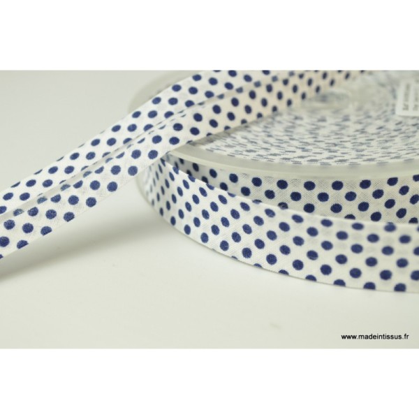 Biais replié 18 mm coton pois bleu marine sur fond blanc - Photo n°1