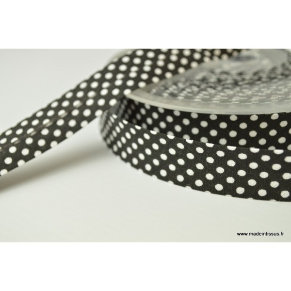 Biais replié 18 mm coton pois blanc sur fond noir - Oeko tex - Photo n°1