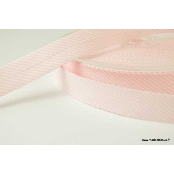 Biais replié 18 mm coton à fines rayures rose et blanc - Oeko tex - Photo n°1