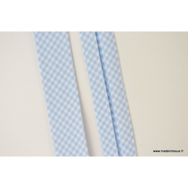 Biais replié 18 mm coton Vichy Bleu ciel et Blanc - Oeko tex - Photo n°2
