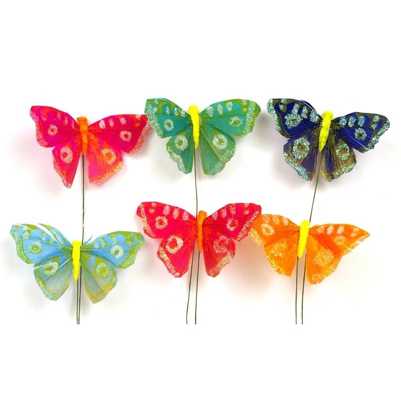 Papillons de décoration boite de 12 papillons décoratifs artificiels 8 cm 6  couleurs - Matériel art floral - Creavea