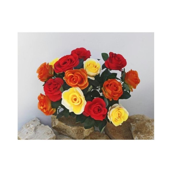 Bouquet 14 Roses artificielles jaune rouge H50cm en piquet x14 tiges - Photo n°1