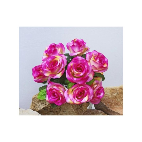 Bouquet H34cm Roses artificielles roses en piquet x9 tiges - Photo n°1