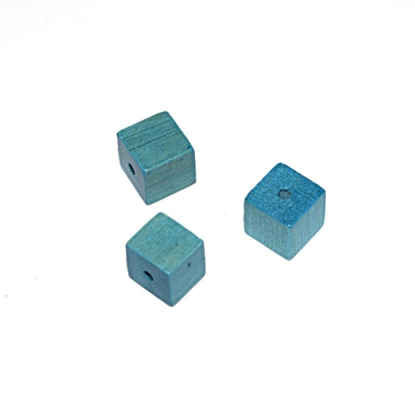 Perle en bois cube 10 mm traitée turquoise x10 - Photo n°1