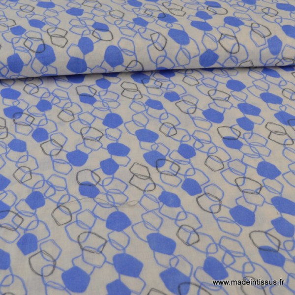 Tissu Double gaze coton imprimé Maillons bleu et gris .x1m - Photo n°1