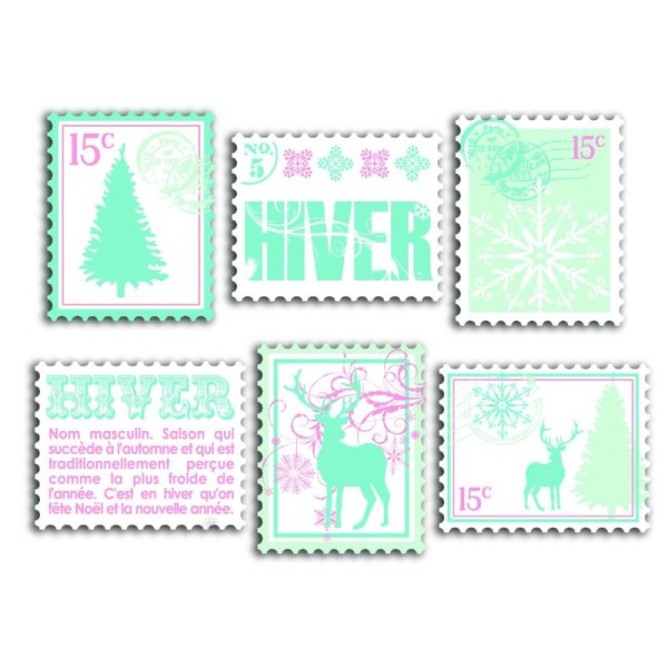 Lot de 6 timbres en bois décorés - Collection Hiver poudré - Photo n°1