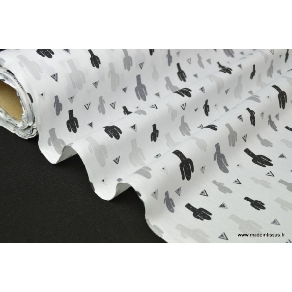 Tissu Popeline  coton imprimé cactus noir et blanc - Photo n°2
