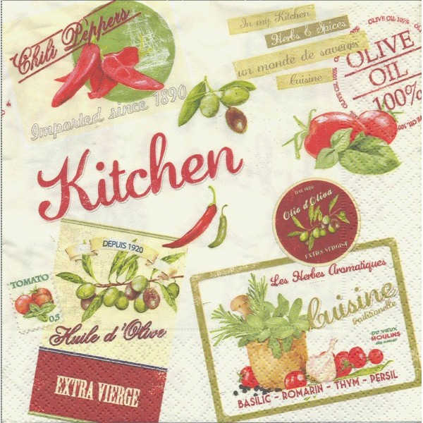 4 Serviettes en papier Cuisine Piment Olive Vintage Home Collection Kitchen Format Lunch Nuova R2S - Photo n°1
