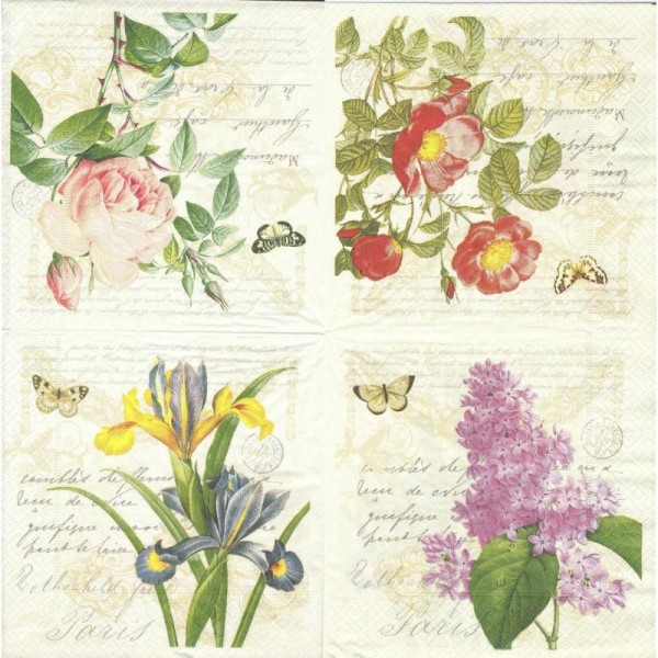 4 Serviettes en papier Botanique Fleur Iris Rose Lilas Format Lunch - Photo n°2
