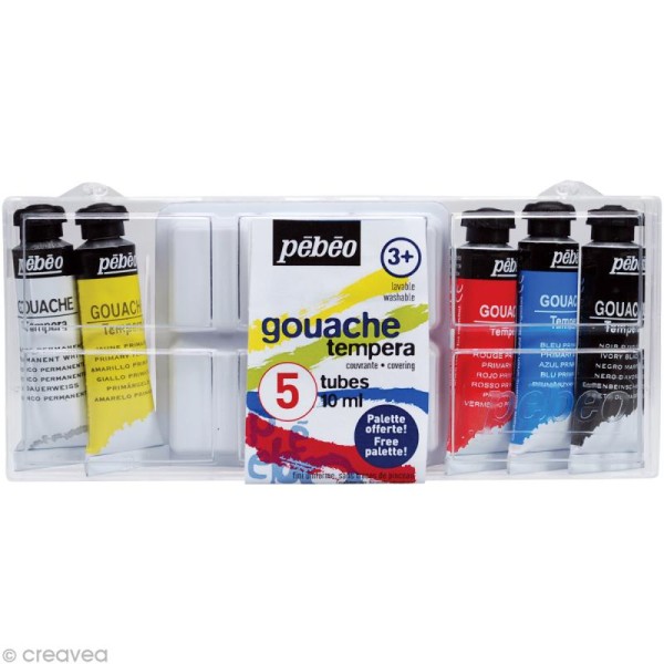 Gouache Pebeo Tempera Boite - Boite 5 tubes + palette - Photo n°1