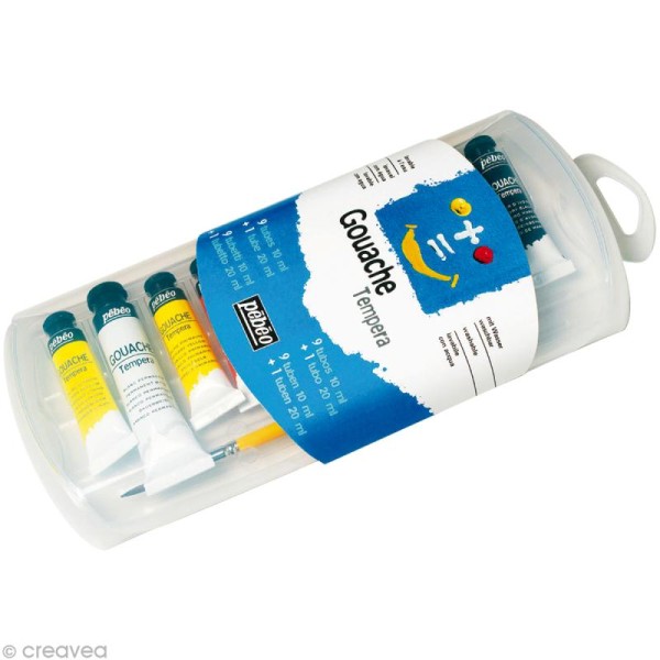 Gouache Pebeo Tempera Assortiment - Boite 9 tubes 10 ml + 1 tube blanc 20 ml + pinceau - Photo n°1
