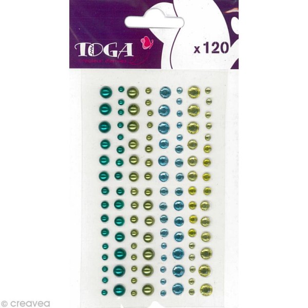 Strass et perles autocollants - Bleu et Vert - 120 pièces - Photo n°1