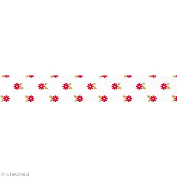 Masking Tape tissu - Blanc fleurs rouge - Daily Like 5 m - Photo n°1