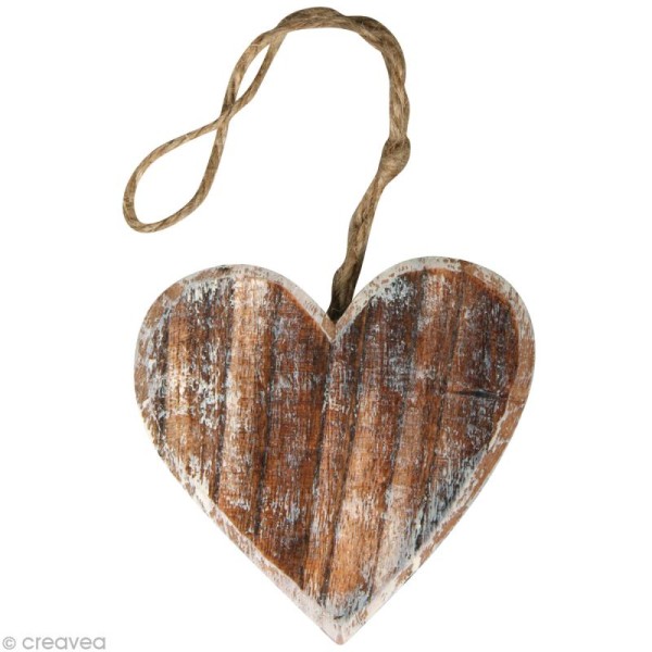 Coeur en bois à suspendre avec sangle en jute - 8 cm - Photo n°1