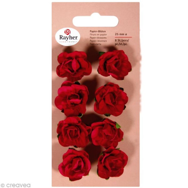 Rose en papier 25 mm - Rouge classique x 8 - Photo n°1