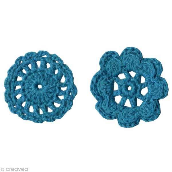 Fleurs au crochet - Turquoise - 6 formes en laine 4 cm - Photo n°1