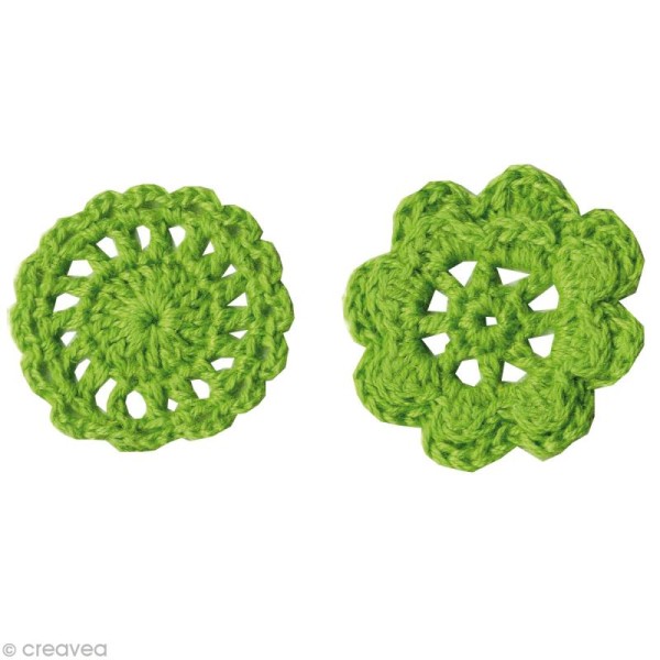 Fleurs au crochet - Vert pomme - 6 formes en laine 4 cm - Photo n°1