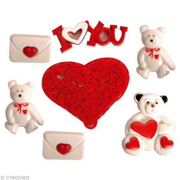 Bouton décoratif à coller - Amour - Ours valentin x 6 - Photo n°1