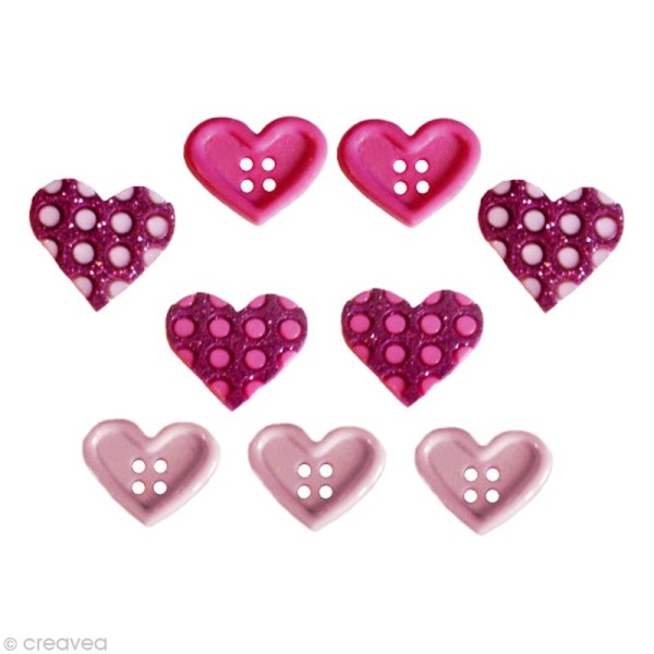 Bouton décoratif - Amour - Coeurs et pois roses x 9 - Photo n°1