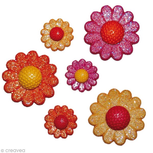 Bouton décoratif - Fleur - Marguerites pailletées x 6 - Photo n°1