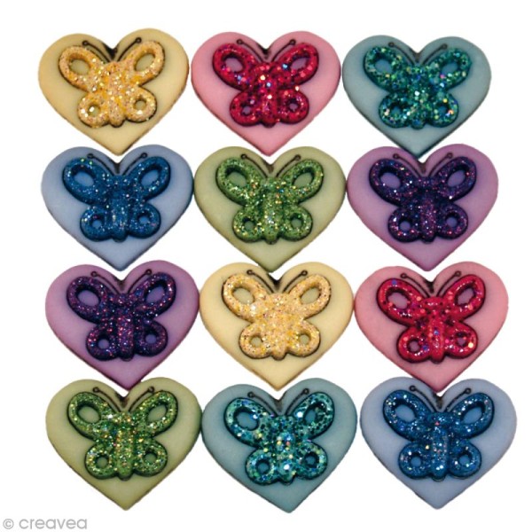 Bouton décoratif - Amour - Coeurs et papillons x 12 - Photo n°1
