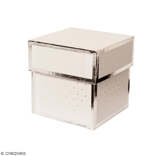 Boîte cadeau Carrée à couvercle - Blanc bords argentés - 10 x 10 x 10 cm - Photo n°1
