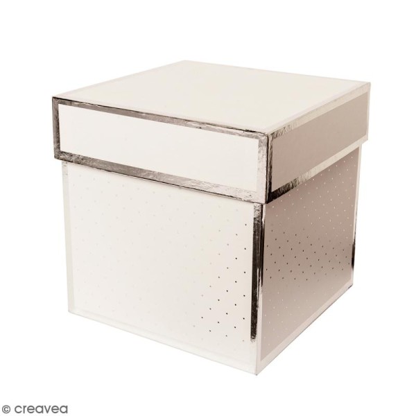 Boîte cadeau Carrée à couvercle - Blanc bords argentés - 15 x 15 x 15 cm - Photo n°1