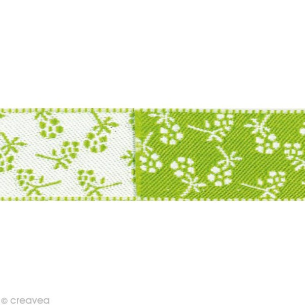 Ruban satin bicolore - Fleurs Vert anis et Blanc 16 mm - Au mètre (sur mesure) - Photo n°1