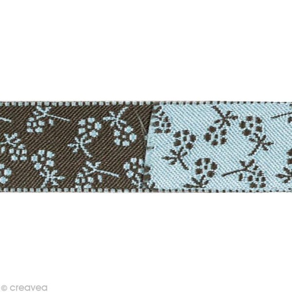 Ruban satin bicolore - Fleurs Bleu ciel et Marron 16 mm - Au mètre (sur mesure) - Photo n°1