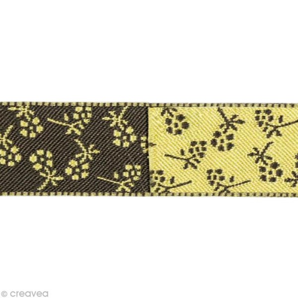 Ruban satin bicolore - Fleurs Jaune et Marron 16 mm - Au mètre (sur mesure) - Photo n°1