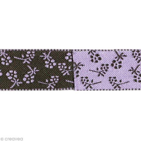 Ruban satin bicolore - Fleurs Lilas et Marron glacé 16 mm - Au mètre (sur mesure) - Photo n°1