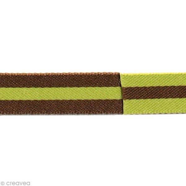 Ruban fantaisie bicolore - Rayure Marron et Vert anis 10 mm - Au mètre (sur mesure) - Photo n°1
