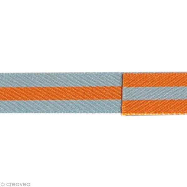Ruban fantaisie bicolore - Rayure Bleu gris et Orange 10 mm - Au mètre (sur mesure) - Photo n°1