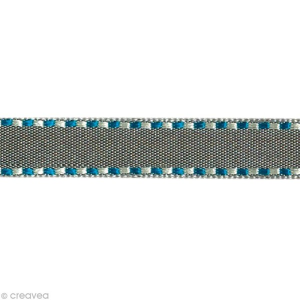 Galon surpiqué au bord - Traits Gris argenté et Bleu 10 mm - Au mètre (sur mesure) - Photo n°1