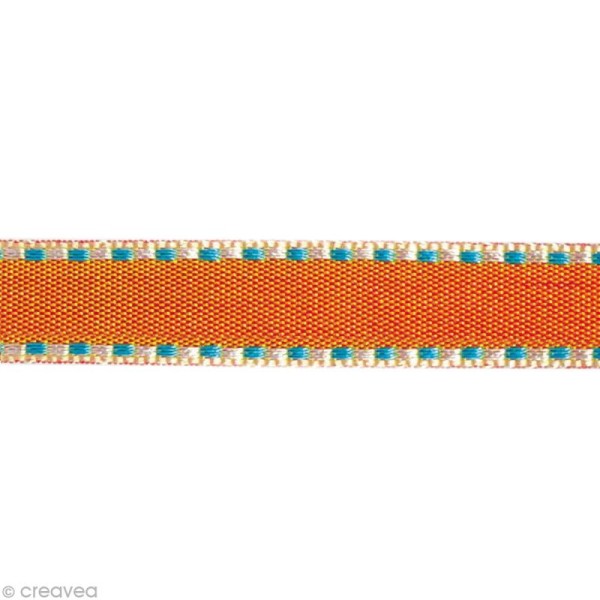 Galon surpiqué au bord - Traits Orange et Turquoise 10 mm - Au mètre (sur mesure) - Photo n°1