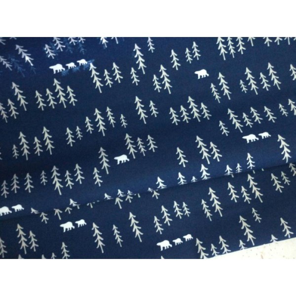 Tissu scandinave 25X110 cm coton Oéko-Tex bleu marine blanc ours et sapin - Photo n°1