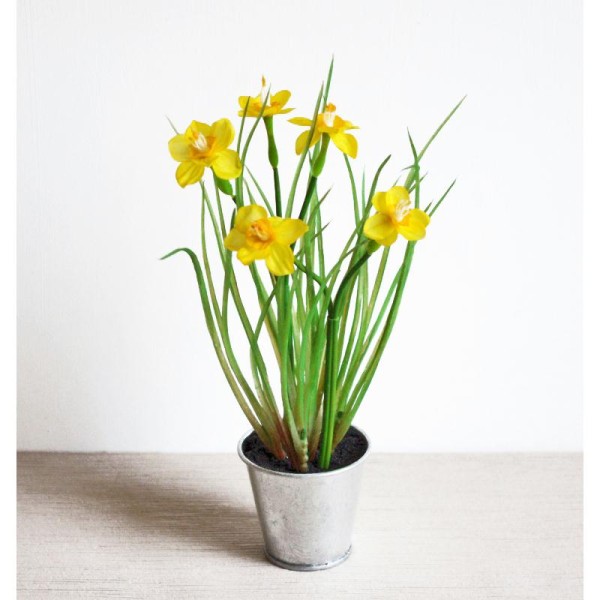 Bouquet jonquilles artificielles H23cm mini fleurs jaunes en pot zinc -  Fleurs artificielles haut de gamme - Creavea