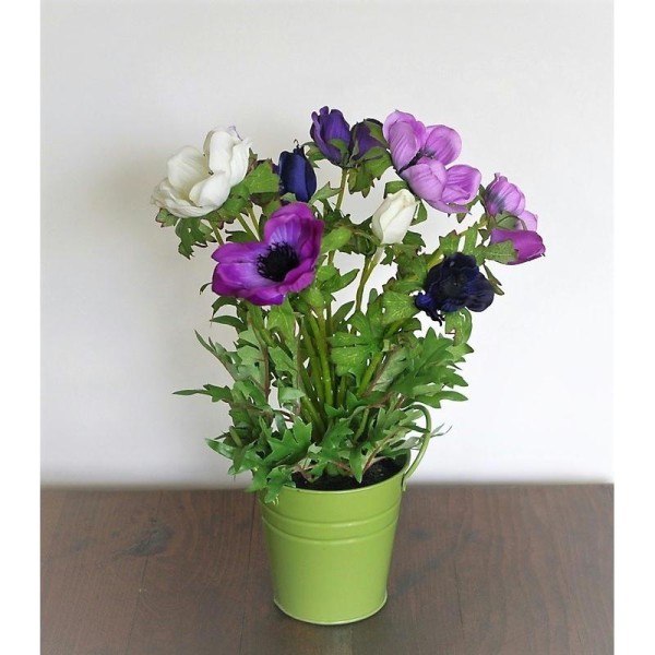 Anémones artificielles violettes H30cm plante fleurie en pot zinc - Photo n°1