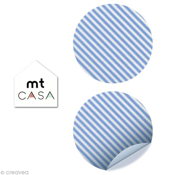 Masking Tape Casa Seal Rond 50 mm - Rayures Bleu - Stripe light blue - 10 pièces - Photo n°1