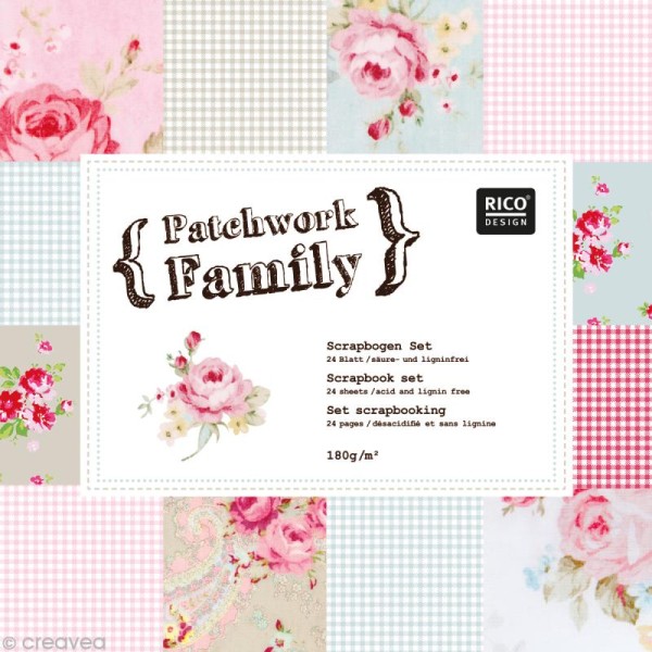 Set Scrapbooking - Patchwork Family - Fleurs et Vichy - 12 motifs 30,5 x 30,5 cm - Photo n°1