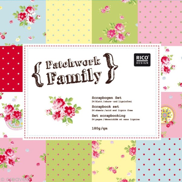 Set Scrapbooking - Patchwork Family - Fleurs et Petits pois - 12 motifs 30,5 x 30,5 cm - Photo n°1