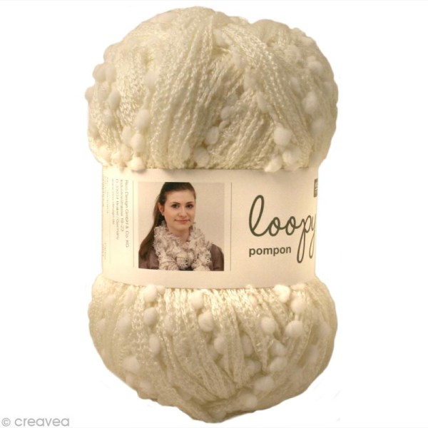Laine écharpe Loopy pompon - Blanc et crème 100 g - Photo n°1