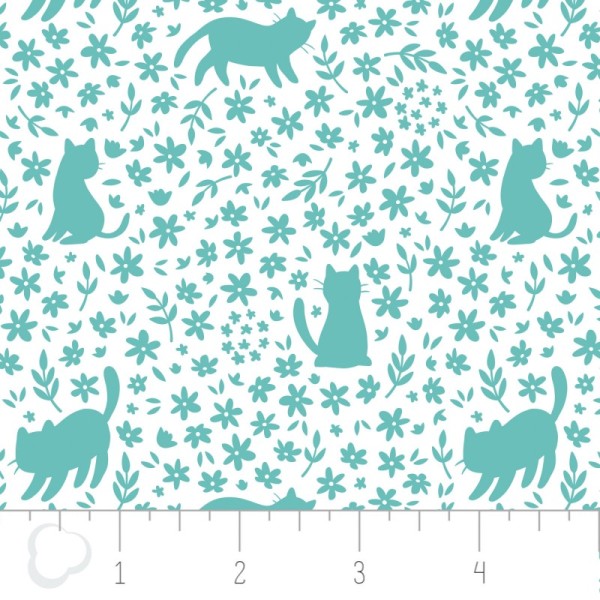 Tissu coton imprimé chats et fleurs menthe - Photo n°1